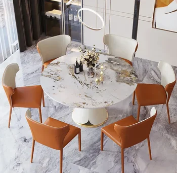 Белый Круглый Обеденный стол из Спеченного Камня С 6 стульями, Золотистая Подставка из Нержавеющей Стали Для внутренней мебели для гостиной