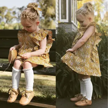 Летний повседневный принт для малышей, платье с цветочным рисунком для маленьких девочек, платья с рукавами 