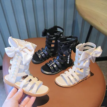 Летние Римские сандалии для девочек 2023 Новые Детские Модные Корейские Кожаные туфли с бусинами, Детские сандалии принцессы с бантом, Высокие сапоги SO118