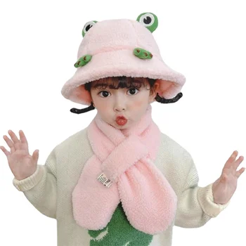 Новая зимняя детская шапка-шарф с лягушкой из мультфильма, флисовая шапочка, детские шапочки для девочек и мальчиков, зимняя теплая детская шапка и шарф, Уличная детская шапка-кепка