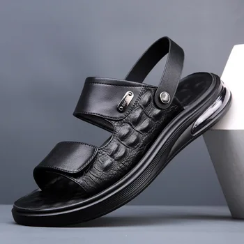 Новые кожаные сандалии Мужская повседневная пляжная обувь на воздушной подушке Противоскользящие спортивные сандалии на открытом воздухе Повседневные мужские сандалии Sandalias De Hombre