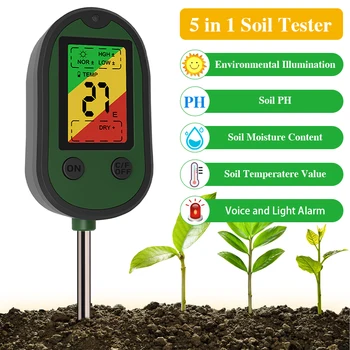 Тестер почвы PH-метр 5 в 1, измеритель влажности растений, анализ температуры, измерение интенсивности солнечного света, сигнализация, монитор для проверки кислотности почвы