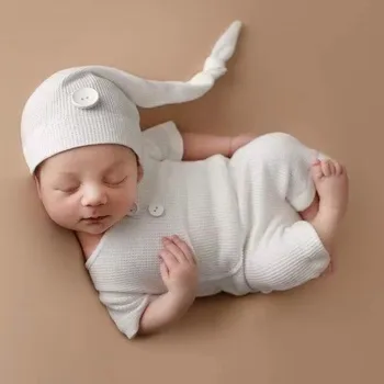 Набор реквизита для фотосъемки новорожденных, Белая вязаная детская одежда для фотосъемки со шляпой, детский комбинезон, аксессуары для фотосъемки
