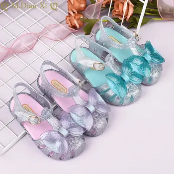 Новая и американская летняя обувь Для девочек и детей Baotou Jelly Baby, сандалии с римским бантом, Детская обувь на плоской подошве