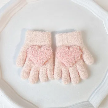 Детские зимние перчатки для маленьких девочек с милым сердечком, варежки с полными пальцами, зимние теплые перчатки для малышей, перчатки для рук ярких цветов