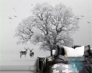 Обои Beibehang Скандинавский минимализм черно-белый снег большое дерево летящая птица лось украшение дома ТВ фон 3D обои