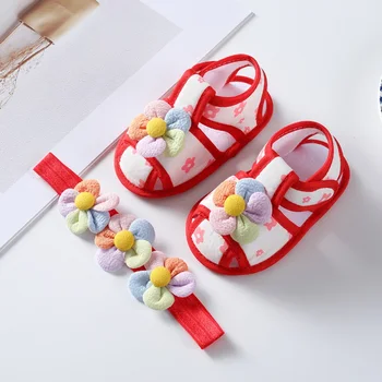 Летние Милые сандалии с цветочным рисунком для маленьких девочек, обувь + лента для волос, Нескользящая обувь для крещения принцессы для малышей