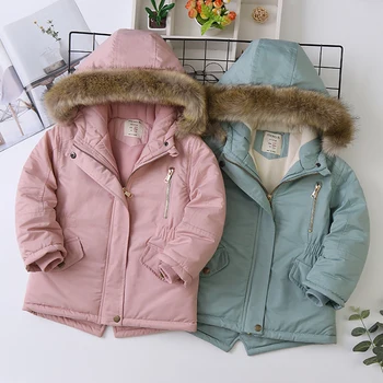 Джинсовая куртка для маленьких девочек, теплая меховая одежда для малышей, зимняя одежда с хлопковой подкладкой, Утолщенное пальто с хлопковой подкладкой JYF
