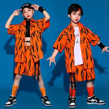 Костюм для уличных танцев в стиле хип-хоп для мальчиков, Оранжевый Летний джазовый наряд для выступлений, Детская рубашка, Шорты, современный танцевальный костюм для девочек