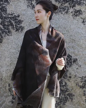 Высококачественный роскошный самозатягивающийся темно-кофейный шарф ручной росписи из чистого кашемира, женская тонкая ретро-теплая кашемировая шаль