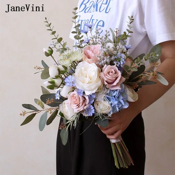 JaneVini Европейский Стиль Розовые Розы Невеста Держит В Руках Цветы Свадебные Букеты Голубая Гортензия Свадебный Цветок Ramo De Quinceanera 2023