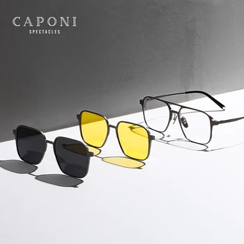 Магнитные мужские очки CAPONI с поляризацией и клипсой ночного видения Сочетают в себе оправу для очков 3 В 1 с синими светозащитными очками JF7038