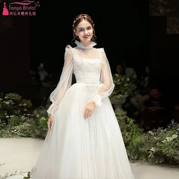 Сказочное свадебное платье с рукавом-фонариком, высокий вырез, длинный рукав, Свадебные платья принцессы на шнуровке, vestido de noivas ZW283