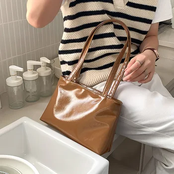 Винтаж лакированная кожа для женщин сумки простой сплошной цвет глянцевый сумки на плечо элегантные женские пригородные подмышек сумка для покупок