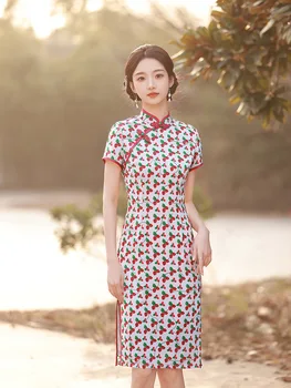 Элегантный Воротник-стойка с вишневым принтом, женское летнее тонкое платье Ципао с коротким рукавом