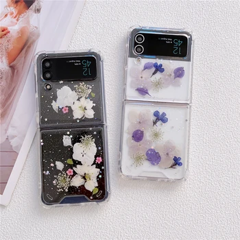 Блестящие пайетки, настоящий сушеный цветок, прозрачный чехол для Samsung Galaxy Z Flip 5 4 3, прозрачный ударопрочный жесткий защитный чехол