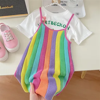 Корея 2023, Летняя Детская одежда для маленьких девочек, Футболка с милым кроликом + Радужное вязаное платье, комплект из 2 предметов, Кавайная юбка, Комплекты