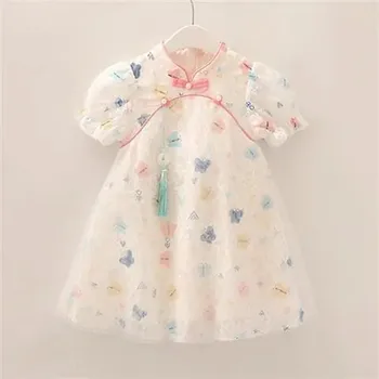 2023 Новое летнее платье Чонсам для девочек с коротким рукавом-бабочкой, винтажное платье принцессы, детская кружевная юбка в китайском стиле