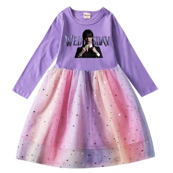 2023 Wednesday Addams Girl Princess Dress Детское Праздничное Платье С Блестками, Детские Сетчатые Платья Для Косплея С Длинным Рукавом, Подарки На День Рождения, Vestidos