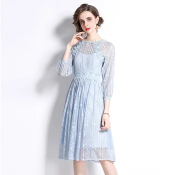 Модное синее кружевное платье Миди для женщин 2023, лето-осень, цветочная вышивка, платья для выпускного вечера, вечеринка, ночная одежда Качество