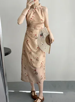 Женское платье Чонсам 2023, новые элегантные платья в китайском ретро стиле, розовое платье без рукавов с цветочным принтом, цельное