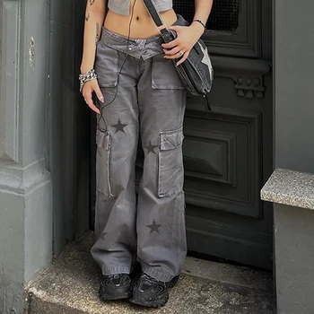 Джинсовые брюки Y2K со звездным принтом в стиле Харадзюку с карманом, винтажные серые джинсы-карго, женские прямые брюки с низкой талией, эстетичный гранж, осень