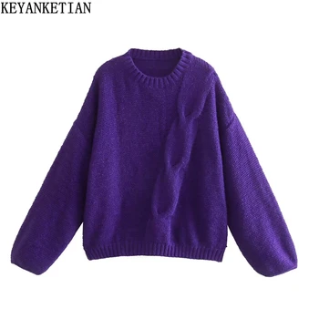 Весенняя одежда KEYANKETIAN, новая женская свободная версия фиолетового свитера twist, короткий пуловер с толстой линией, ленивый ветер, свитер