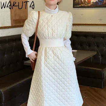 Новое поступление Корейского женского платья WAKUTA, элегантное тонкое платье с поясом в виде ромба, короткие длинные платья с пышными рукавами, стильная верхняя одежда