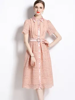 SMTHMA 2023 Новое Модное Розовое кружевное открытое платье с отворотом и короткими рукавами для женщин, платья на шнуровке длиной до колен, большие качели