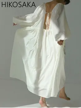 Элегантное Японское свободное женское платье ранней осени, без спинки, на шнуровке, с V-образным вырезом, с длинным рукавом-фонариком, Модное однотонное платье для женщин