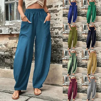 Элегантные женские повседневные брюки 2023, Летние Новые Однотонные эластичные брюки с карманами