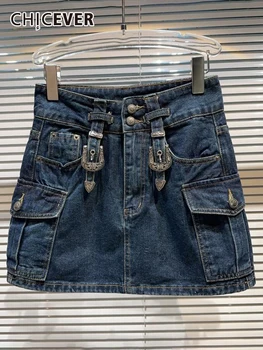 CHICEVER лето Bodycon юбки для женщин кнопку, Высокая Талия, сращивание металлических твердых складок на линии тонкий мини джинсовая юбка женский новый