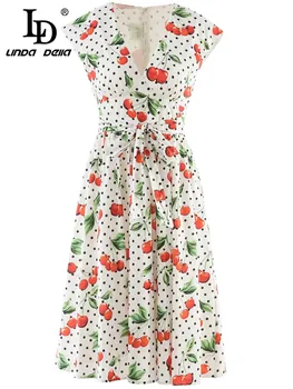 LD LINDA DELLA 2023 Модное Летнее платье для подиума с женскими рукавами и элегантным принтом в вишневый горошек, праздничное платье Миди с поясом