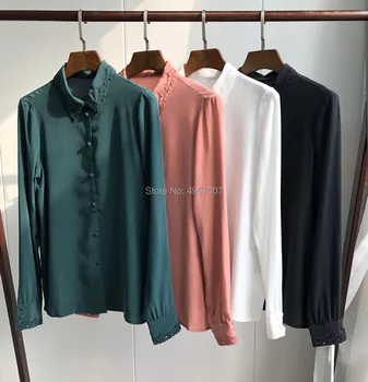 Шелковая 100% Белая / Черная / Розовая / Зеленая Вышитая Открытая блузка-рубашка - 2019 Весенне-летний женский топ