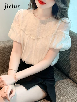 Летняя женская блузка Jielur с корейской вышивкой, однотонная женская блузка, милая женская элегантная блузка, шифоновый топ с круглым вырезом и пышными рукавами абрикосового цвета