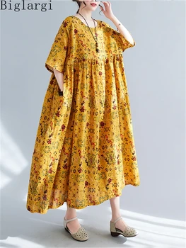 Негабаритное винтажное летнее женское хлопковое платье с цветочным рисунком, повседневный свободный пуловер, платье с принтом, Корейские женские длинные платья большого размера
