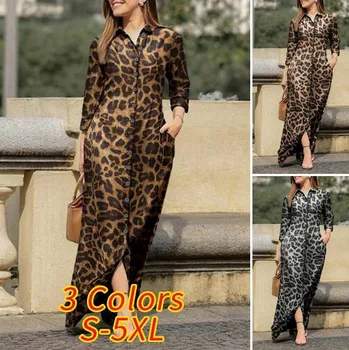 Женские праздничные повседневные леопардовым принтом одежда с длинным рукавом длинное платье женщин платье хлопка кнопка рубашка длинные однобортный Леди