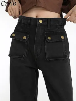 Высокие уличные черные джинсы, женские прямые, шикарные, BF, осенние, с простыми карманами, Y2k, модные, повседневные, в готическом стиле, в стиле панк, для школьниц, универсальные.