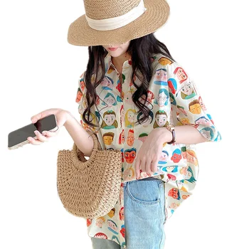 2023 Летняя женская блузка с принтом персонажа мультфильма Харадзюку, Модная уличная одежда, Блузки, Индивидуальность, Повседневные рубашки с коротким рукавом, Топы