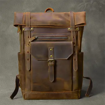 Винтажный рюкзак Crazy Horse из натуральной кожи для мужчин, ретро-студенческий школьный рюкзак, Дорожный рюкзак большой емкости