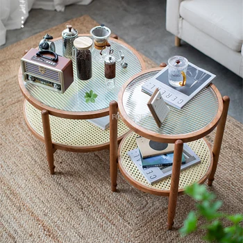 Журнальный столик в скандинавском стиле, Круглый столик из вишневого дерева, Японский Чайный столик из ротанга, Маленький низкий столик, Простые Круглые столики из Чанхунского стекла