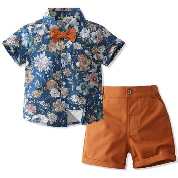 Комплект одежды из 2 предметов 2023, летняя одежда в корейском стиле, Джентльменская мода, Пляжная футболка с короткими рукавами и цветами + шорты, комплект одежды для маленьких мальчиков BC438