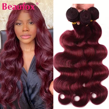 Beaufox 99J Body Wave Пучки Бразильских волос Плетение пучков 1/3/4 Пучка Окрашенных в Бордово-красный цвет Человеческих волос Remy Для наращивания