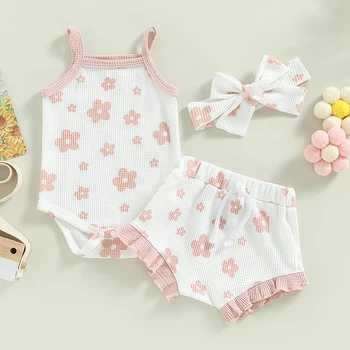 Комплект летней одежды для маленьких девочек 0-18 м, детский комбинезон в рубчик без рукавов + Шорты с цветочными оборками + повязка на голову, 3 шт. Наряды для малышей