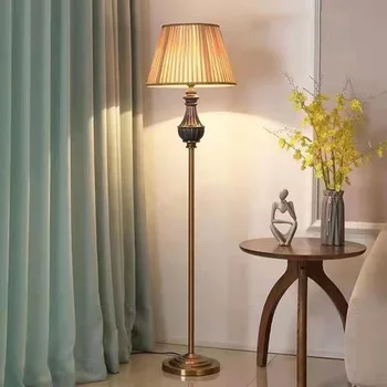 Торшер в американском стиле, современный Медный Тканевый Абажур, стоячая Лампа E27, светодиодные торшеры для гостиной, кабинета, прикроватного офиса