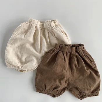 Корейская детская одежда из хлопка и конопли Короткие Летние однотонные повседневные брюки для мальчиков и девочек Брюки-фонарики