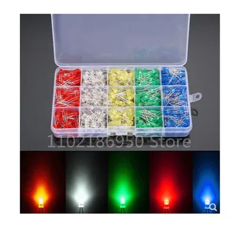 500 штук светодиодных светоизлучающих трубок F5 5mm в штучной упаковке красного, белого, зеленого, желтого и синего цветов, по 100 штук на цвет