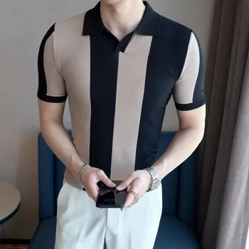 Свободная мужская рубашка для гольфа, трикотажная рубашка поло из ледяного шелка с короткими рукавами, мужская летняя тонкая футболка в полоску контрастного цвета с отворотом, размеры-4XL