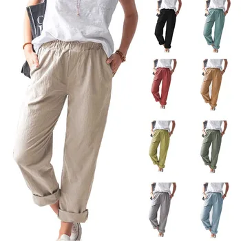Женские Длинные брюки с эластичным карманом на высокой талии из хлопка и льна, Летние женские брюки BNS-J99123