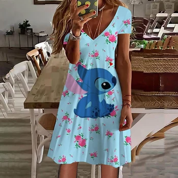 Женские пляжные сарафаны Disney's Lilo & Stitch, платья с принтом для женщин, летняя мода, кавайный принт, Милая Свободная пляжная повседневная одежда